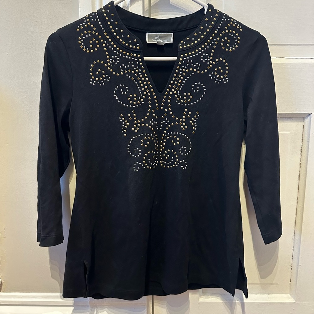 JM Collection Black Long-Sleeve Tunic with Gold Stud Detail